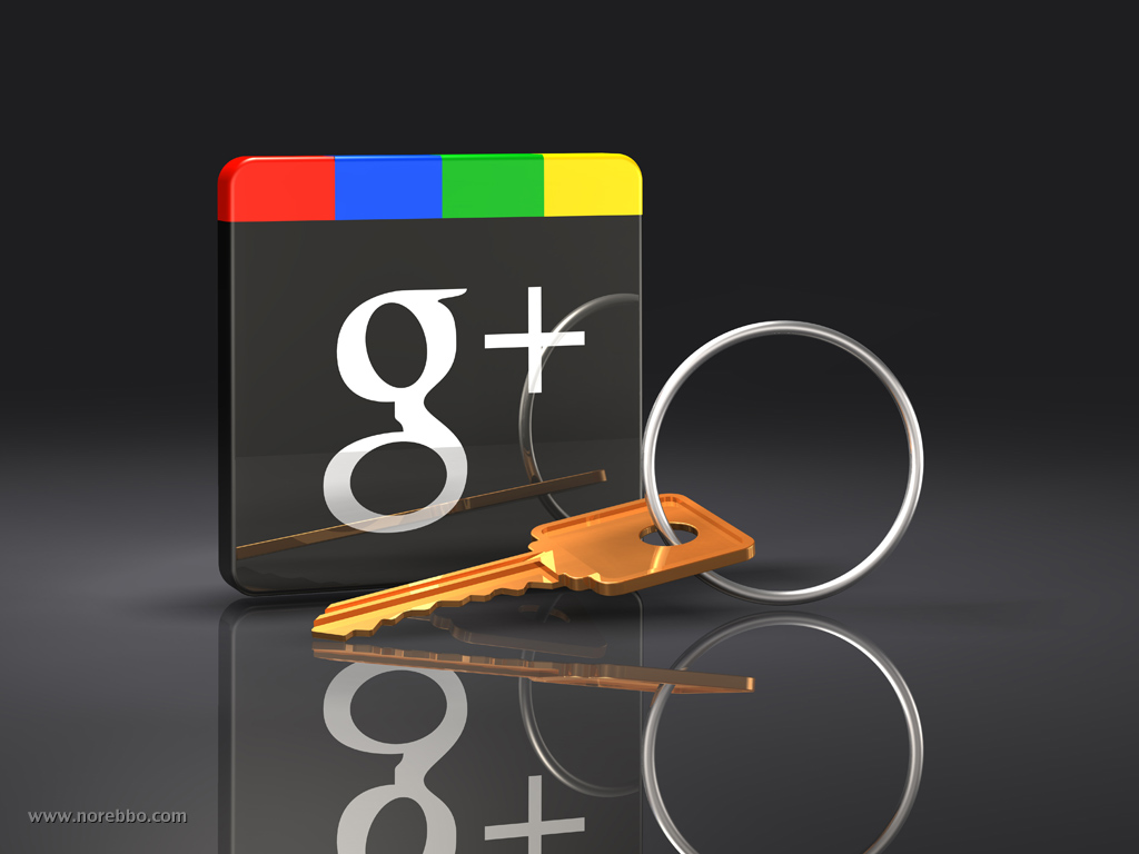 3d illustration of a large brass key lying in front of an upright Google Plus logo on a reflective surface